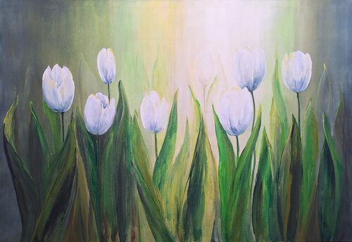 Leuchtende Tulpen im Grün by Henriette Lorkowski, Painting for Sale on Singulart