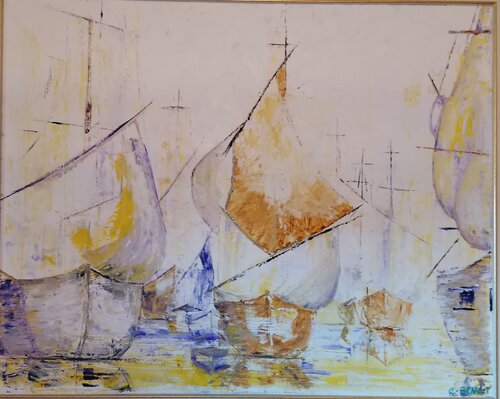 Voiliers anciens à l'ancre di Christiane Benoit, Pittura in vendita su Singulart