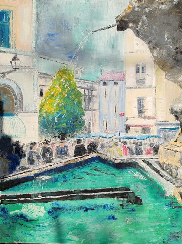 Jour de marché  autour de la fontaine van Christiane Benoit, Schilderij te koop op Singulart