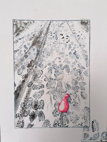 Traces de pas dans la neige et bonnet rouge oublié ... von Christiane Benoit, Werk auf Papier kaufen auf Singulart