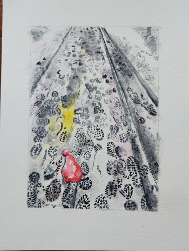 Bonnet rouge oublié sur la route enneigée by Christiane Benoit, Work on Paper for Sale on Singulart