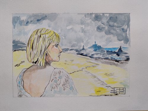 Autoportrait : l'artiste devant sa ville par Christiane Benoit, Œuvre sur papier en vente sur Singulart