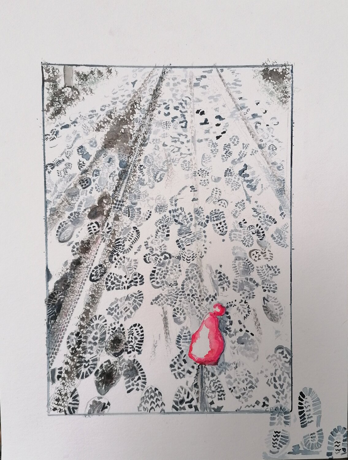 Traces de pas dans la neige et bonnet rouge oublié ... Christiane Benoit Werk auf Papier zu verkaufen