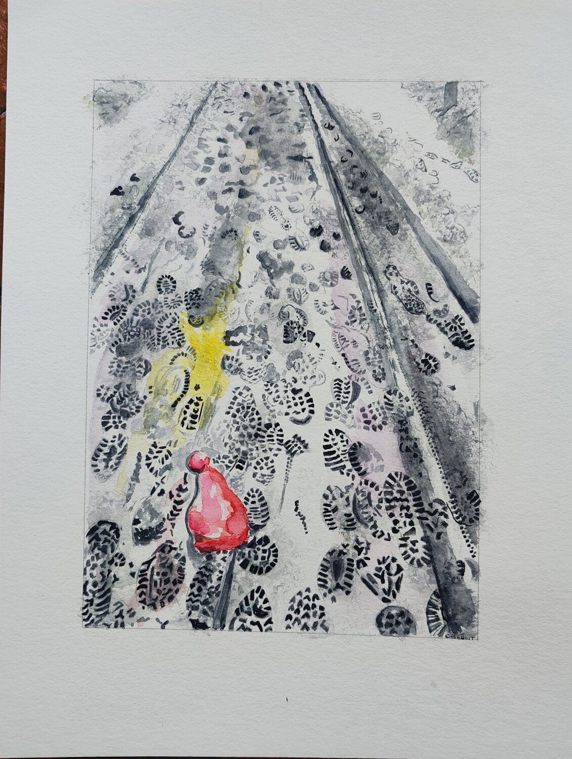 Bonnet rouge oublié sur la route enneigée Christiane Benoit Werk auf Papier zu verkaufen