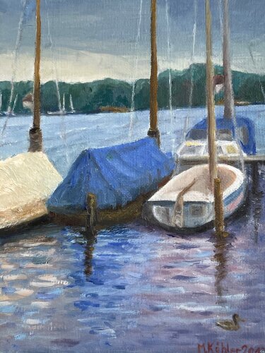 4  Boote (Blick von der Wannseekonferenz) di Monika Köhler, Pittura in vendita su Singulart