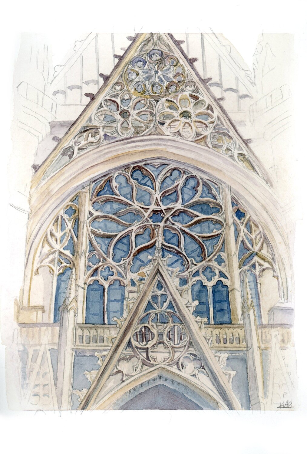 Aquarelle de la Sainte Chapelle de Vincennes Marie-Alix Bourely Originalgemälde zu verkaufen