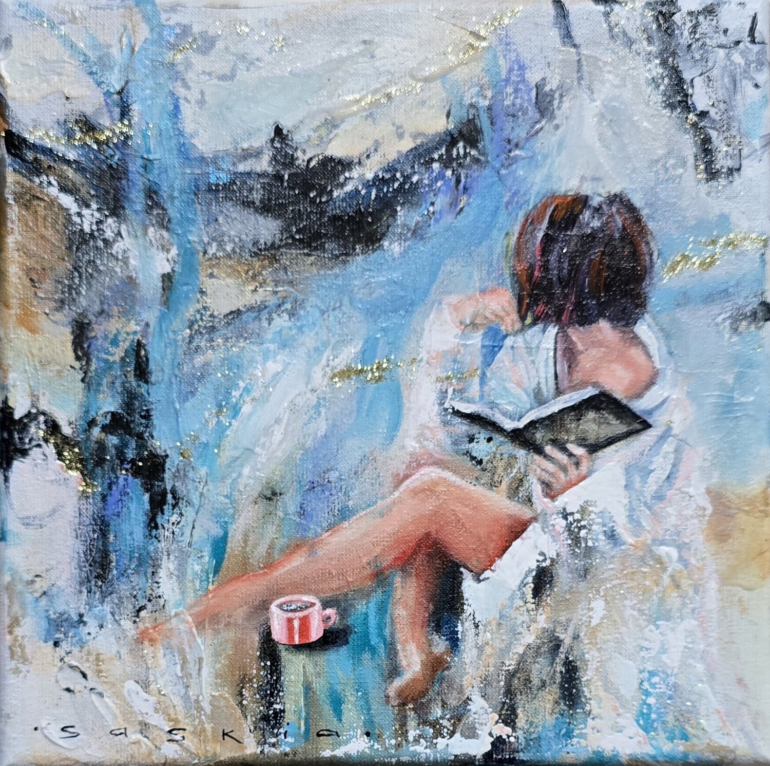 Cup of Fiction and Cloudy Skies Saskia van Drunen Dipinto originale in vendita