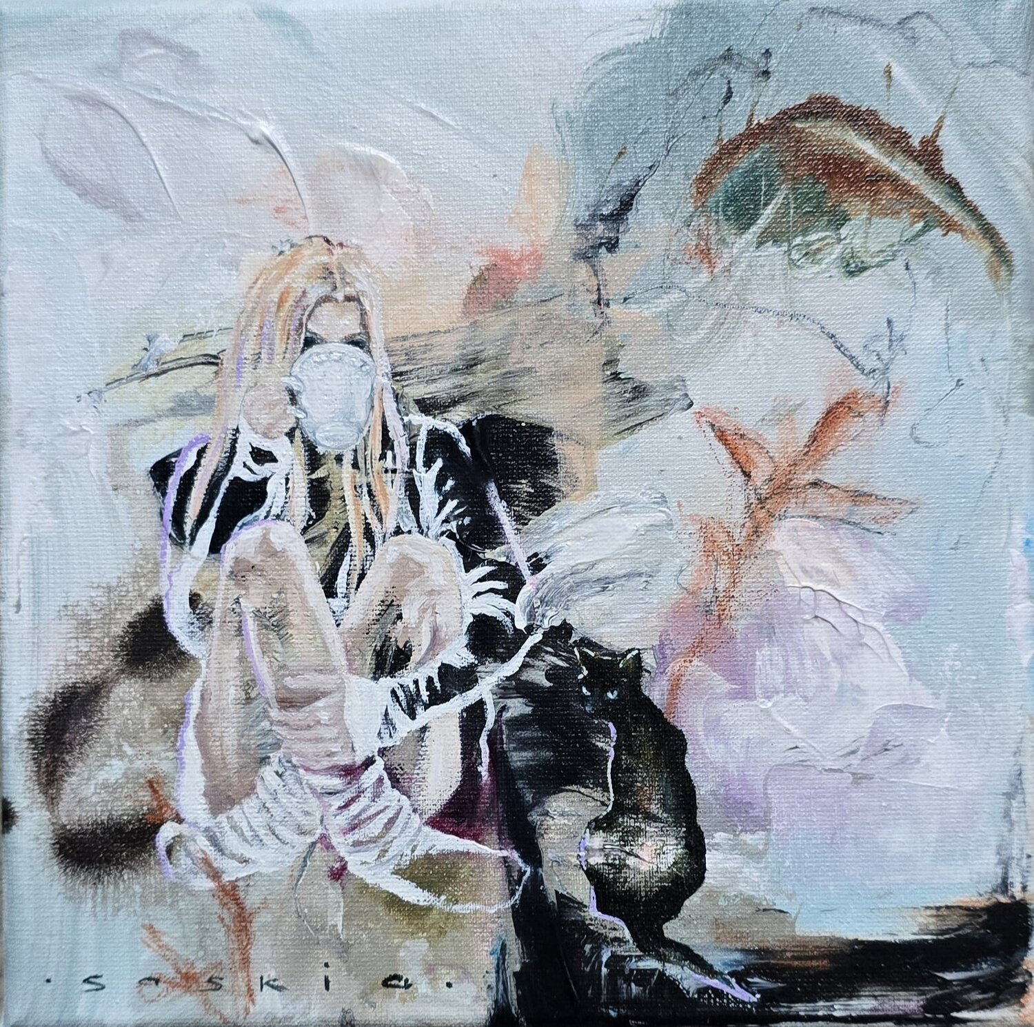 A Cup of Calm, a Cat of Secrets. Saskia van Drunen Dipinto originale in vendita