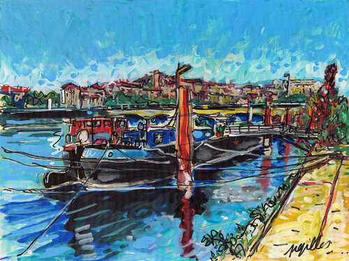 Péniche Quai du Rhône à Lyon van Gilles Pierre, Schilderij te koop op Singulart