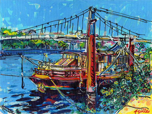 Péniche Quai du Rhône à Lyon von Gilles Pierre, Malerei kaufen auf Singulart