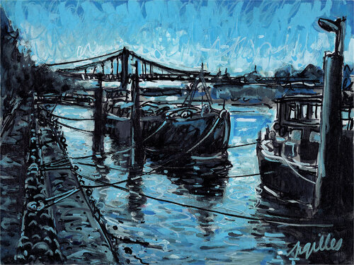 Péniche Quai du Rhône à Lyon von Gilles Pierre, Malerei kaufen auf Singulart