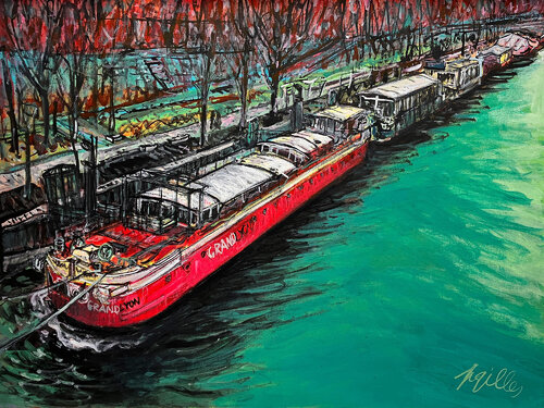 Péniche GRAND LYON amarrée quai du Rhône di Gilles Pierre, Pittura in vendita su Singulart