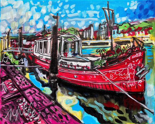 Péniche Quai du Rhône à Lyon par Gilles Pierre, Peinture en vente sur Singulart