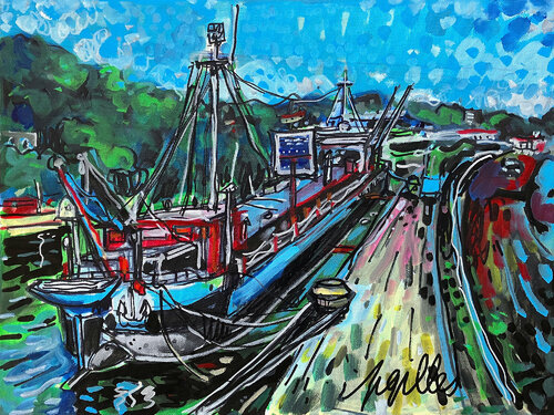 Bateau Quai de Saône à Lyon van Gilles Pierre, Schilderij te koop op Singulart
