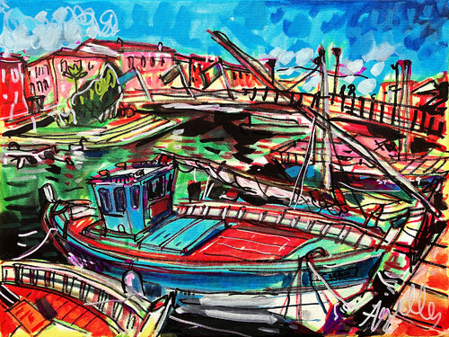 Bateaux sur le canal de Sète di Gilles Pierre, Pittura in vendita su Singulart