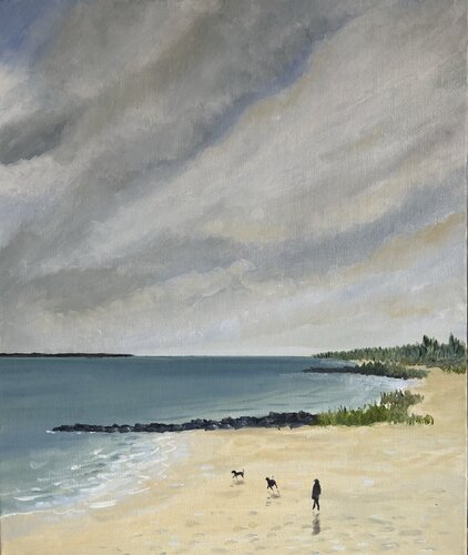 Promeneur aux deux chiens, Île de Ré di Bertrand De Saint Germain, Pittura in vendita su Singulart