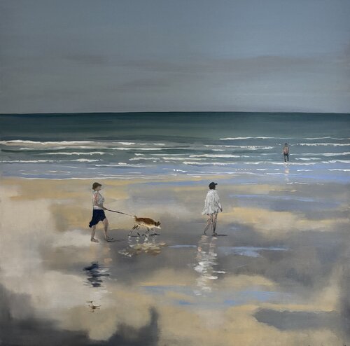 Promeneuses et leur chien sur la plage van Bertrand De Saint Germain, Schilderij te koop op Singulart
