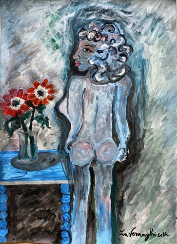 NUDO BLU CON VASO DI ANEMONI de Len Vernaghi, Obra en papel a la venta en Singulart