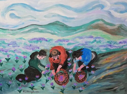 Raccolta dello zafferano (Saffron Harvest) von Len Vernaghi, Malerei kaufen auf Singulart