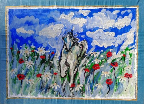Cavallo in un prato fiorito de Len Vernaghi, Pintura a la venta en Singulart