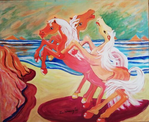 Cavalli in riva al mare van Len Vernaghi, Schilderij te koop op Singulart