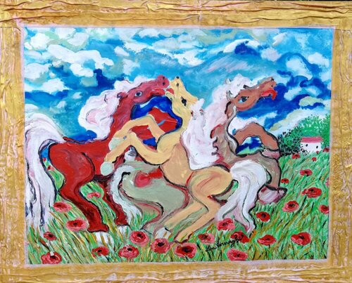 Gioco di cavalli sul prato par Len Vernaghi, Peinture en vente sur Singulart