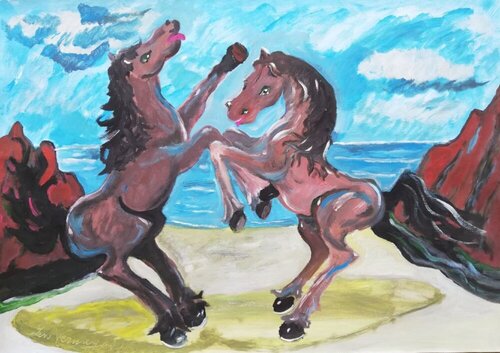 CAVALLI IN RIVA AL MARE van Len Vernaghi, Werk op papier te koop op Singulart