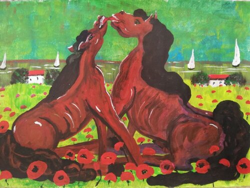 BACIO TRA CAVALLI di Len Vernaghi, Opera su carta in vendita su Singulart