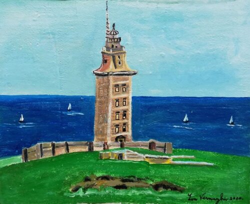 Torre di Hercules a Coruña (Faro più antico del mondo) von Len Vernaghi, Malerei kaufen auf Singulart