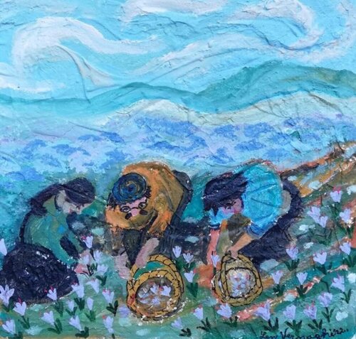 Saffron Harvest in Abruzzo (IT) - La raccolta dello zafferano d'Abruzzo van Len Vernaghi, Schilderij te koop op Singulart