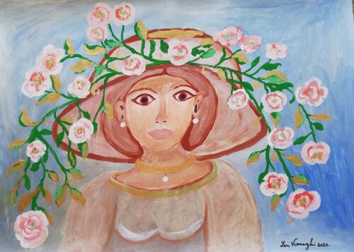 Donna con cappello di rose van Len Vernaghi, Werk op papier te koop op Singulart