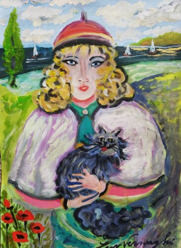 MADAME DUPON AVEC SON CHAT PERSAN BLEU van Len Vernaghi, Werk op papier te koop op Singulart