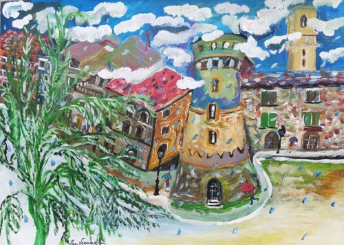 Sotto la pioggia Piazza Rossetti Vasto (CH) par Len Vernaghi, Œuvre sur papier en vente sur Singulart