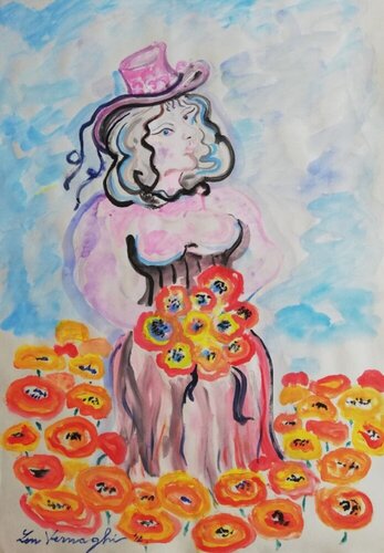 RAGAZZA CON FIORI van Len Vernaghi, Werk op papier te koop op Singulart