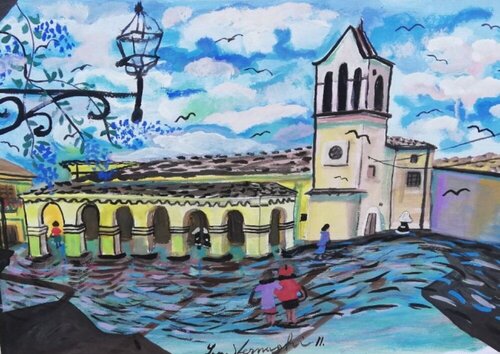 Lama dei Peligni: la chiesa parrocchiale di San Nicola e San Clemente par Len Vernaghi, Œuvre sur papier en vente sur Singulart