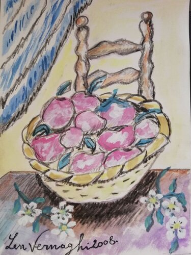 CESTO DI MELE CON FIORI SUL TAVOLO by Len Vernaghi, 종이 for Sale on Singulart