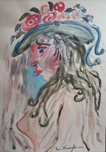 DONNA CON CAPPELLO DI ROSE di Len Vernaghi, Opera su carta in vendita su Singulart