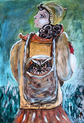 Mädchen mit Eule / Fille avec hibou / Girl with Howl / Ragazza con gufo van Len Vernaghi, Werk op papier te koop op Singulart