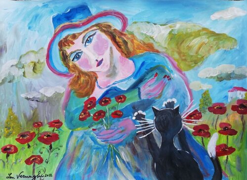 GIOVANE CON GATTO E FIORI di Len Vernaghi, Opera su carta in vendita su Singulart