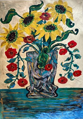 VASO DI GIRASOLI E ROSE ROSSE von Len Vernaghi, Malerei kaufen auf Singulart