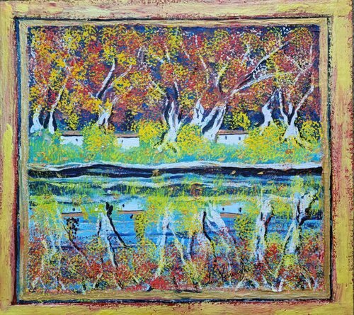BOSCO AUTUNNALE IN RIVA AL FIUME di Len Vernaghi, Pittura in vendita su Singulart