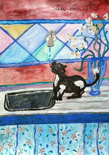 Gatto che beve dal lavandino di casa van Len Vernaghi, Werk op papier te koop op Singulart