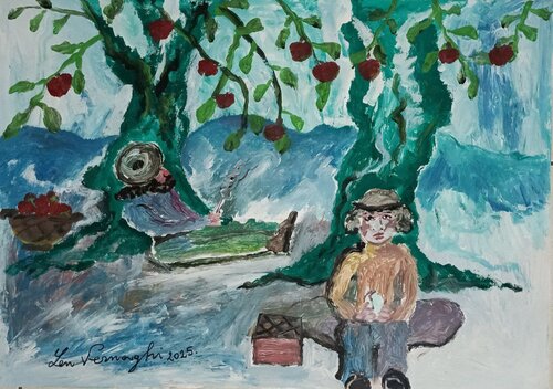 Raccoglitori di mele in pausa van Len Vernaghi, Werk op papier te koop op Singulart