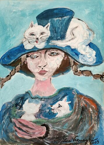 Ragazza con gatti de Len Vernaghi, Pintura a la venta en Singulart