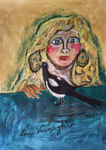 Ragazza con gazza ladra van Len Vernaghi, Werk op papier te koop op Singulart