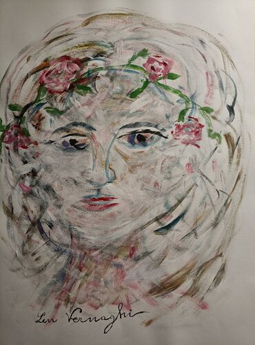 RAGAZZA CON GHIRLANDA DI FIORI IN MOVIMENTO van Len Vernaghi, Werk op papier te koop op Singulart