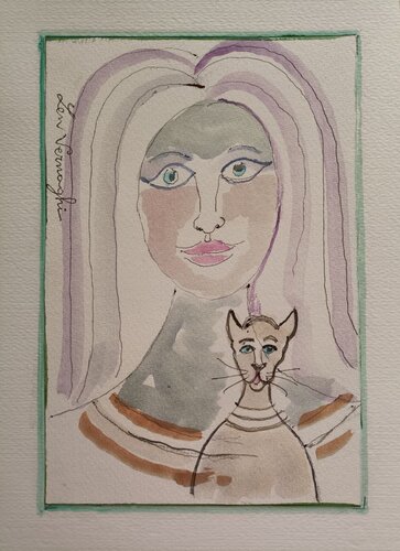 Ragazza con gatto di Len Vernaghi, Opera su carta in vendita su Singulart