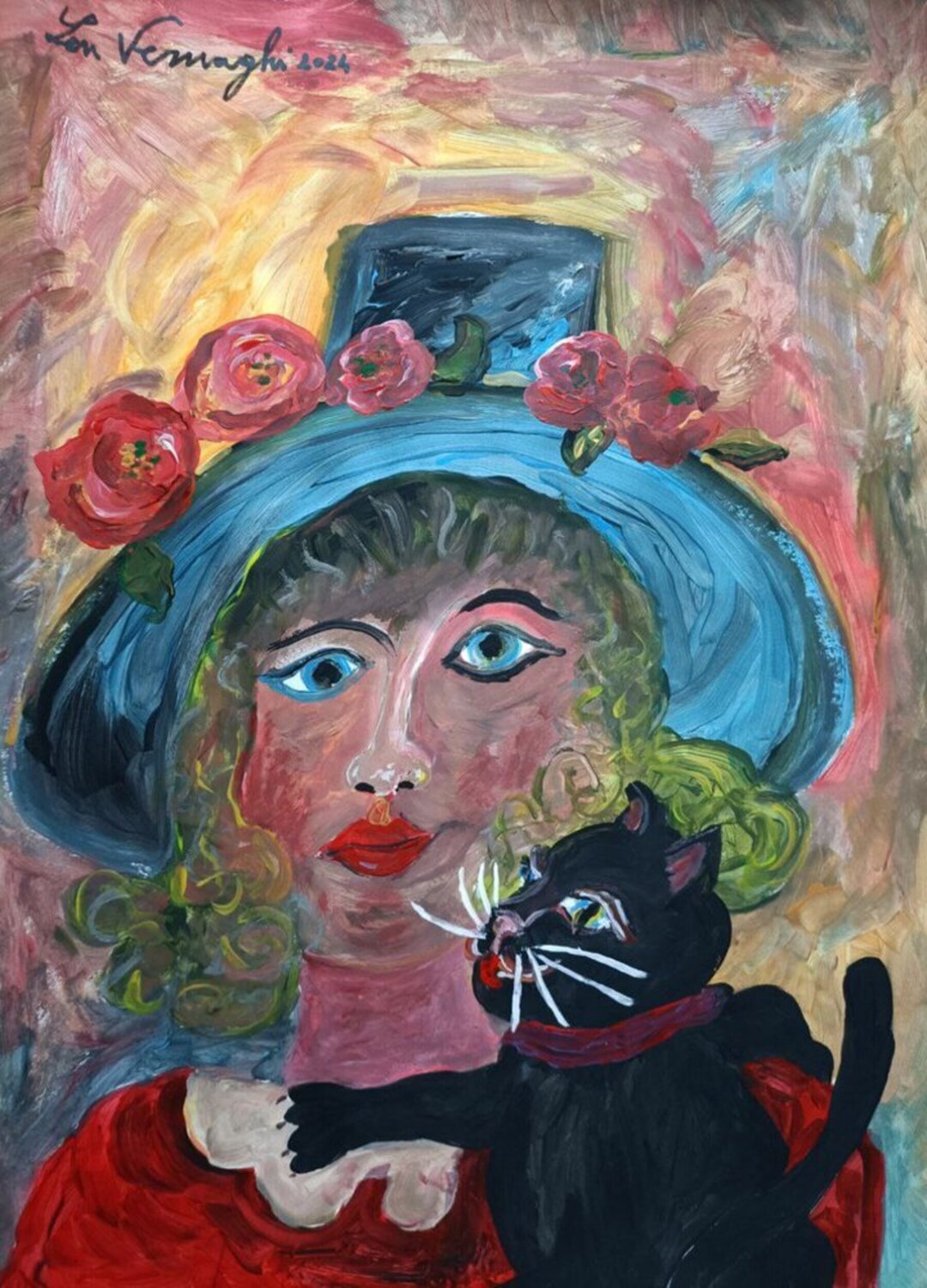 DONNA CON CAPPELLO DI ROSE E GATTO Len Vernaghi