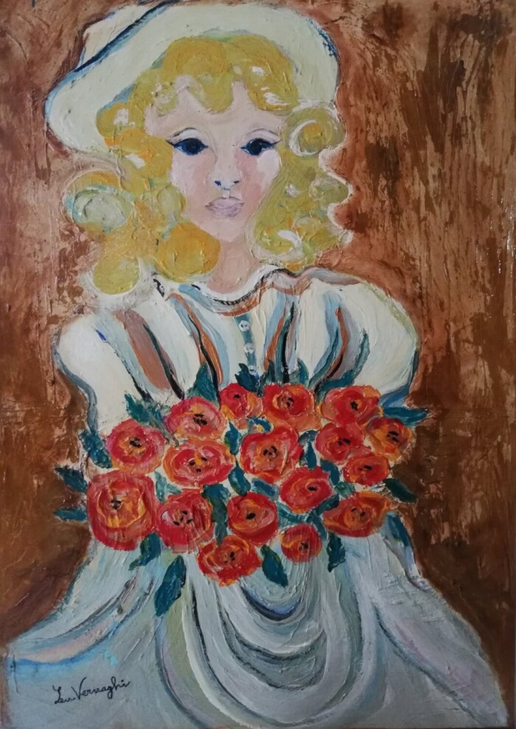 La bambina con i fiori Len Vernaghi Originalgemälde zu verkaufen