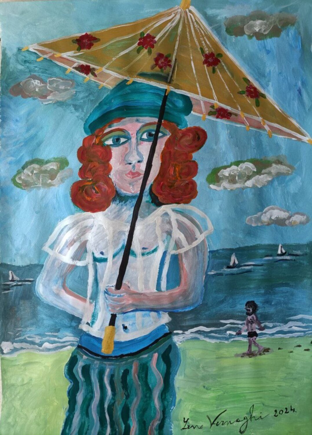 AL MARE SOTTO L'OMBRELLINO CINESE Len Vernaghi Werk auf Papier zu verkaufen